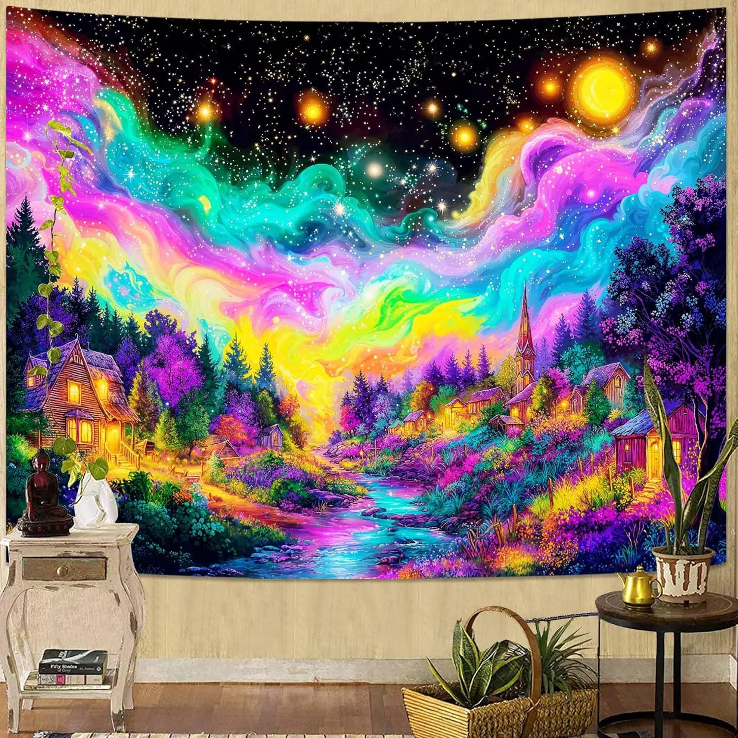 Blacklight Dreamy Village Starry Sky Tapestry, UV Reactive Fantasy Landscape Wall Art for Room Decor, Luminous Night Home Decor