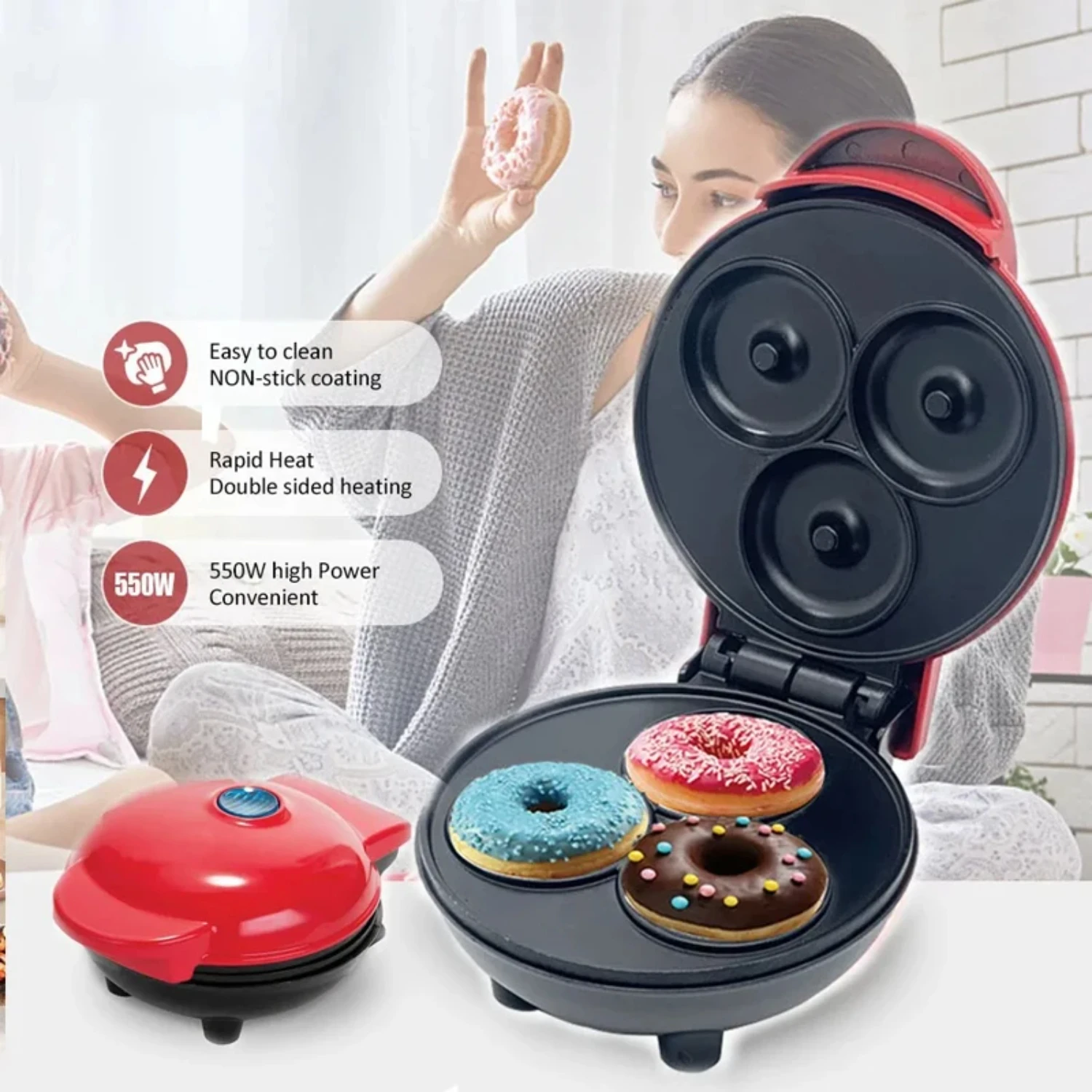 110V 220V Mini Portable 3-hole Donut Machine  Non-stick Breakfast Machine Children's Snack Dessert Machine