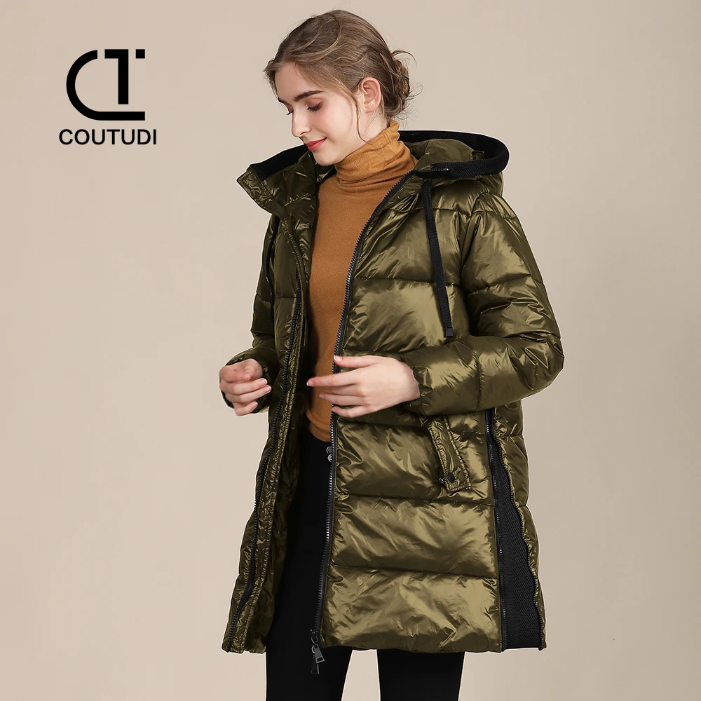 COUTUDI-Long Down Jacket for Women, Zipper Pocket, Hooded, Casual, Long Sleeve Parkas, Thick, Warm Coat, Winter Fashion, New