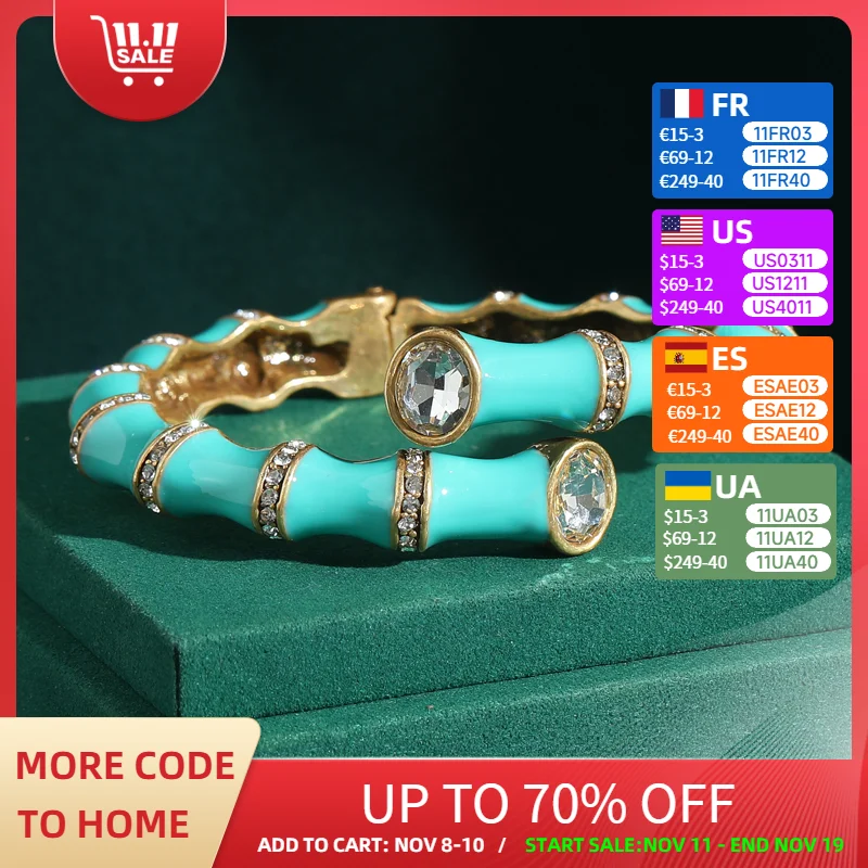 

Vintage Enamel Bamboo Bracelet Bangle Crystal Antique Gold Color Elasticity Accessories Luxury Branded Jewelry Heavy Industry