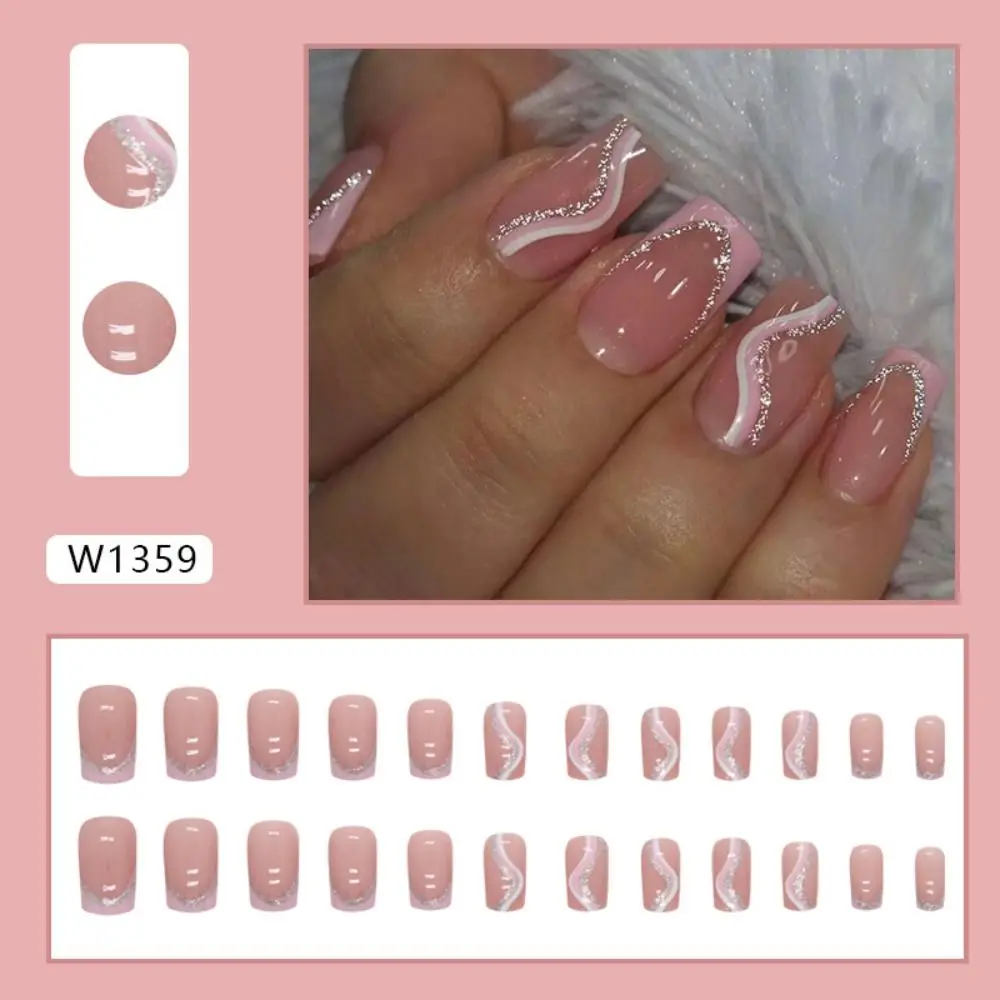 Fashion Long Square False Nails French Flower Rainbow Lines Fake Nials Pink White Stripes Full Cover Nail Tips DIY
