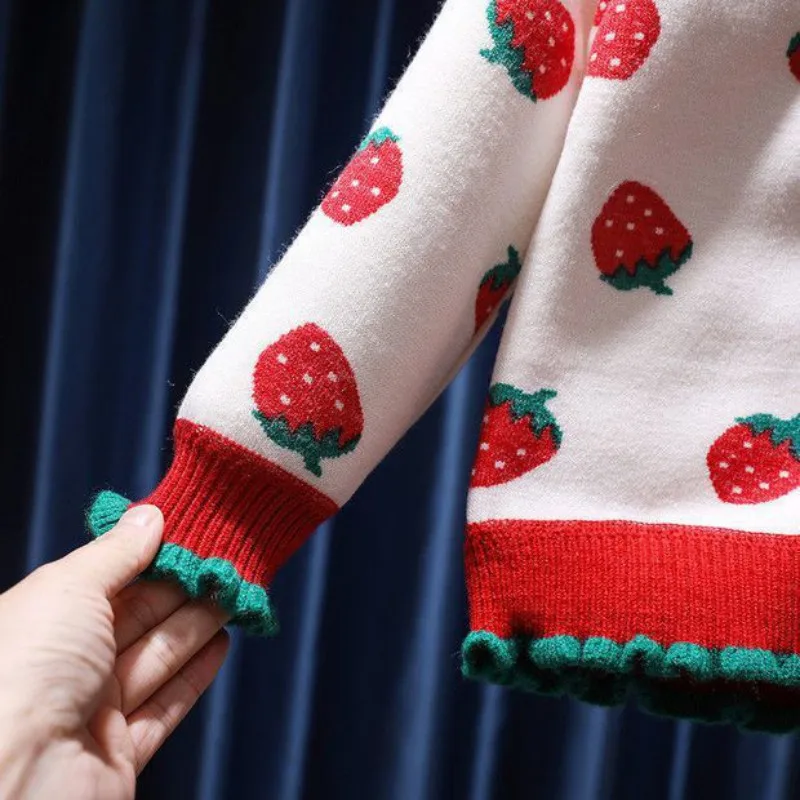 Girls Knitted Cardigan Button V-Neck With Cute Strawberry Jacquard Kids Long Sleeve Knit Cardigan Sweater