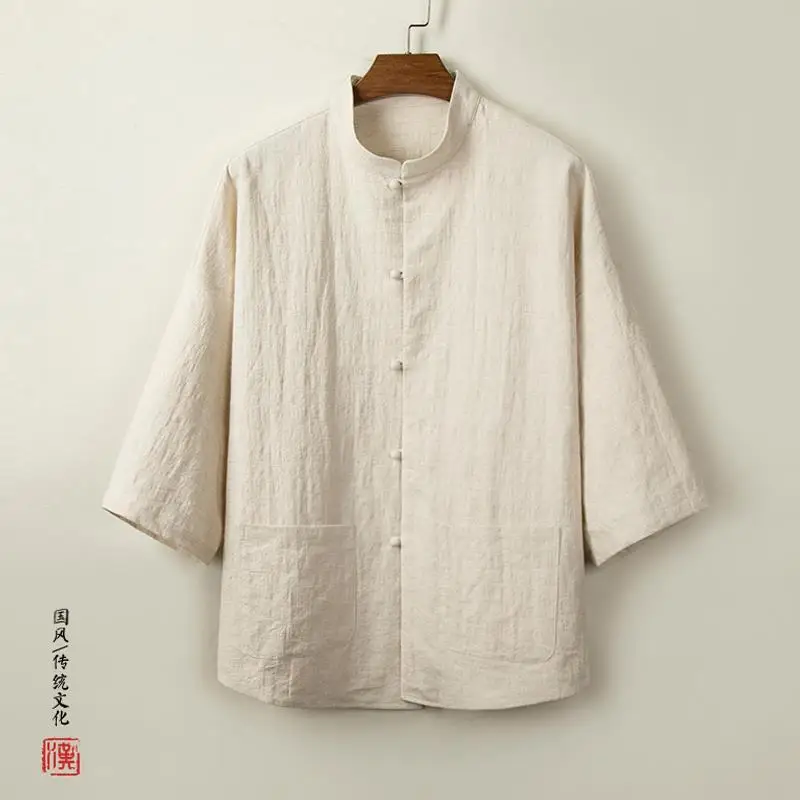 

Spring Summer Men Shirt Linen Three-quarter Sleeve Shirt Retro Chinese Style Button Loose Cotton Linen Clothes