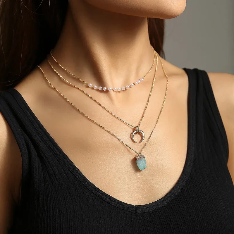 

2022 Vintage Multi Layer Coin Pendant Necklace Women's Bohemian Multi Layer Necklace Women's Natural Stone Fashion Jewelry