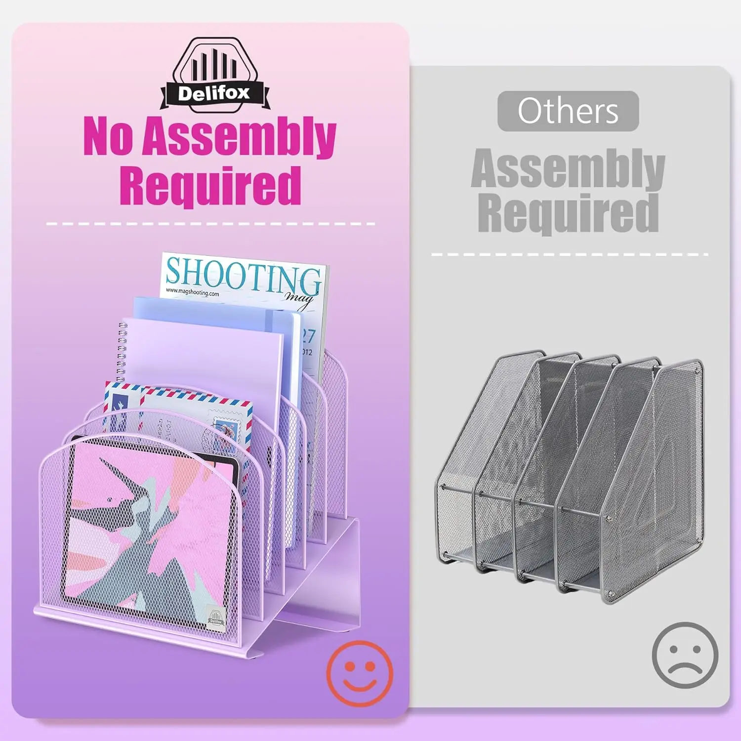 5-Section Vertical Metal File Organizer Stand, Purple Desktop Rack for Office School Paper Storage