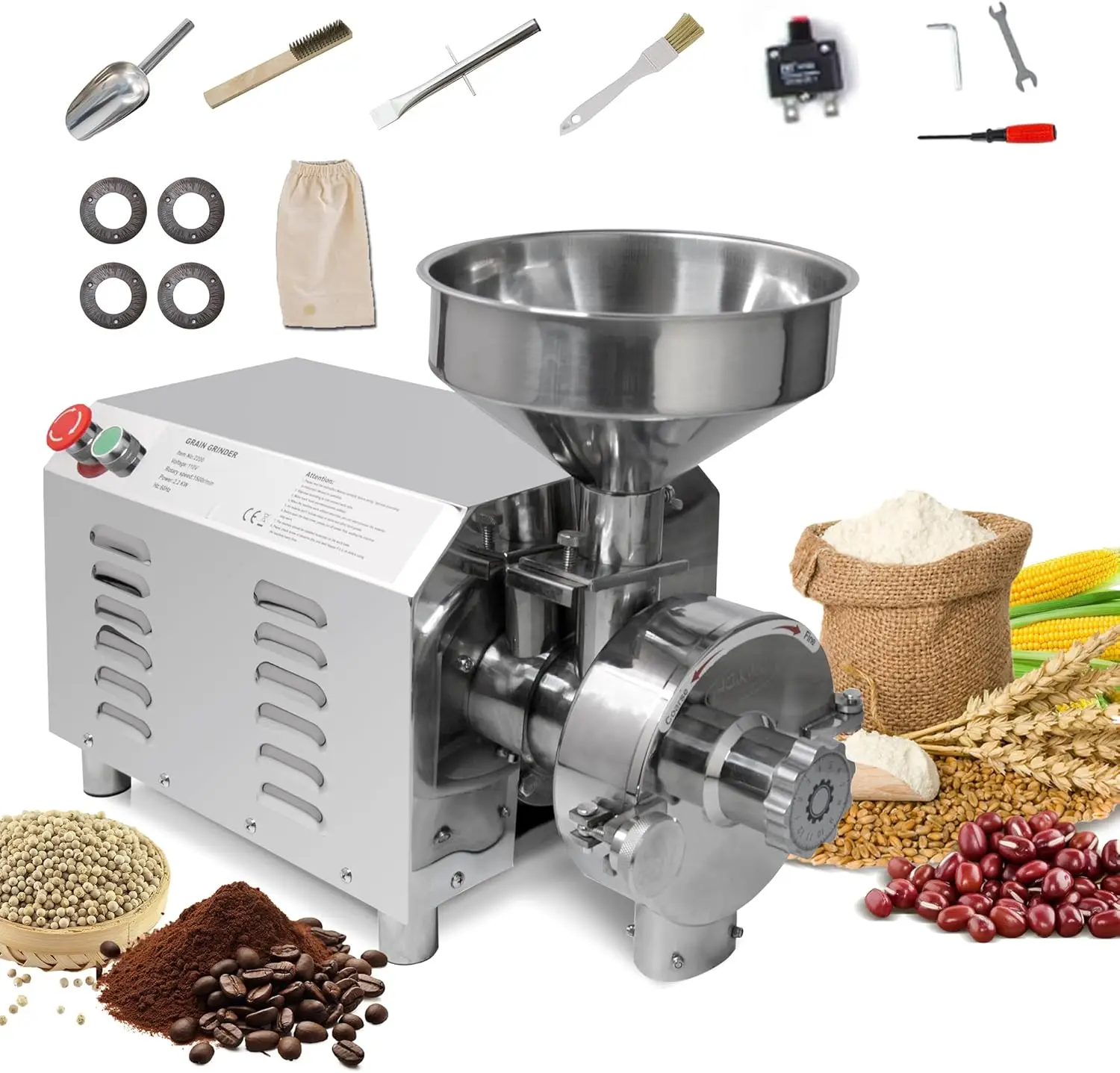 Hakka Commercial Grinding Machine, 2200W Electric Grain Mill Grinder Stainless Steel Powder Grain Grinder 30-50Kg/H, Automatic