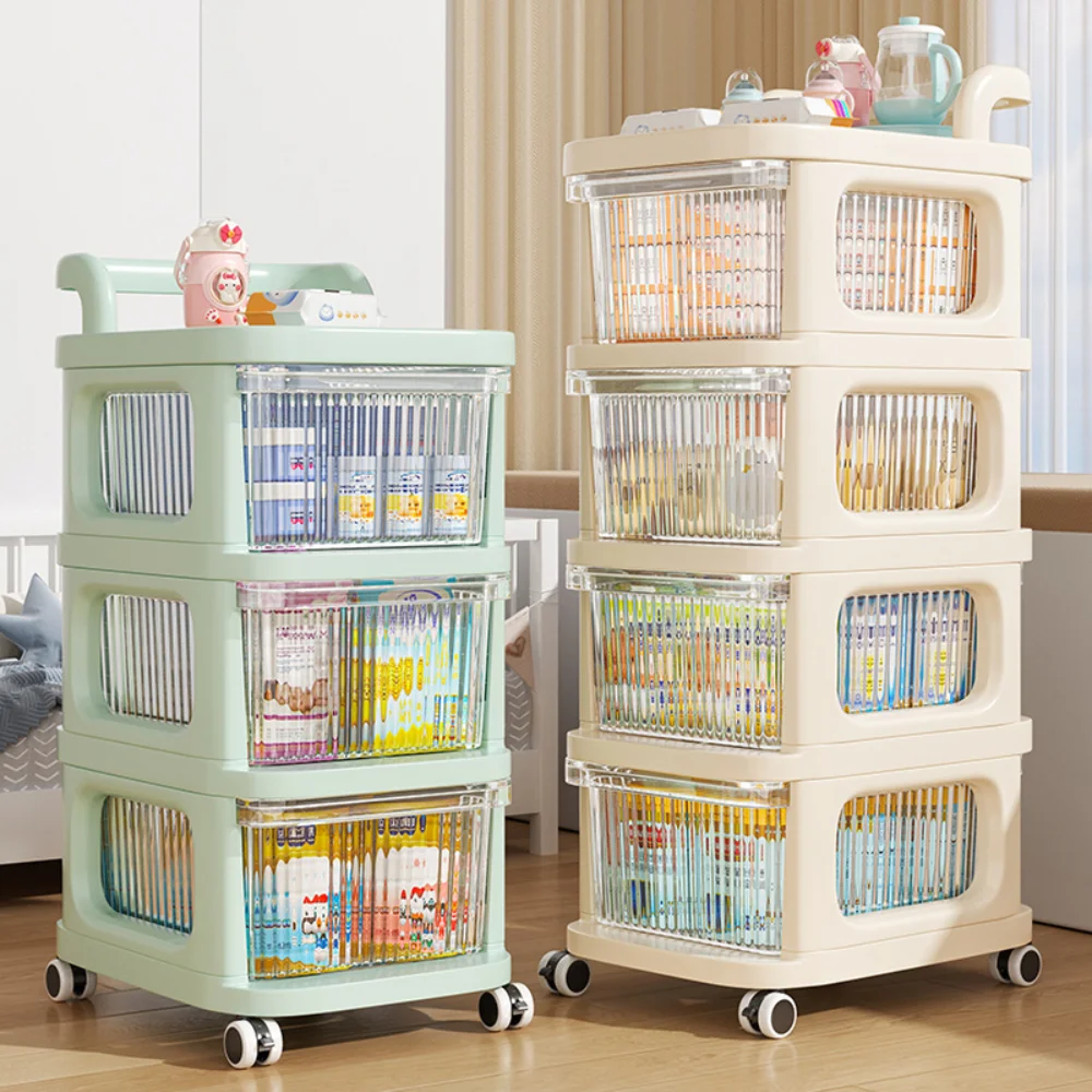 Multi-layer Cart Storage Box with Wheels Transparent Kitchen Storage Cabinet with Handle Drawer-Type Kitchen Trolley Drawer-Type