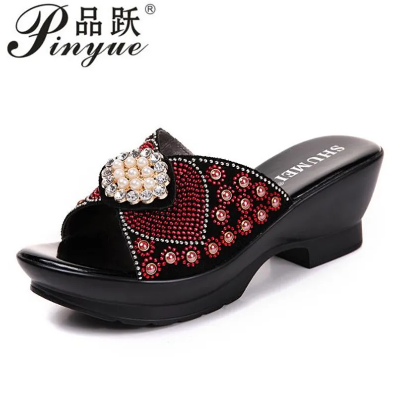 Women sandals Ladies Summer Slippers Shoes Women High Heels Fashion Rhinestone Summer Shoes Genuine Leather size 35--40
