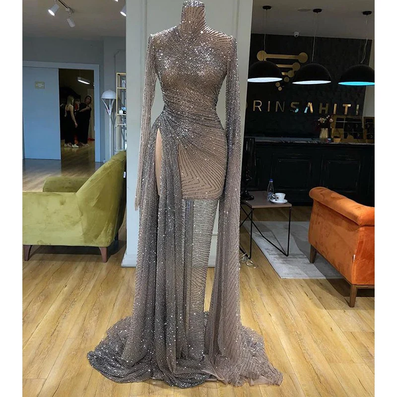 2024 Elegant Gray Mermaid Prom Dress High Neck Long Sleeves Sparkly Cloak High Split Gown Formal Party Dresses Robe De Soirée