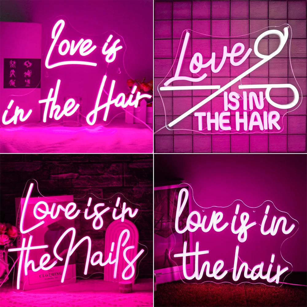 Love Is In The Hair Pink Neon Sign Nail Salon Barber Wall Decor Dimmable Room Decoration For Haircut Shop Scalp Care Art Signs