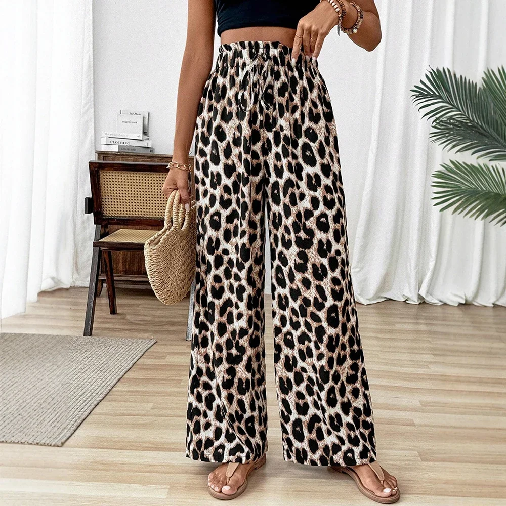 

Summer New Fashion Leopard Print High Waist Full Length Straight Casual Pants For Women Comfortable and versatile wide leg pants