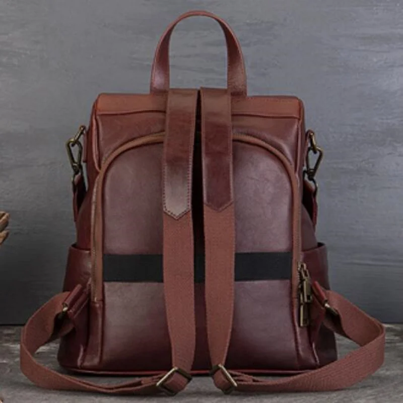 Cowhide Embossed Retro Style Backpacks for Ladies Large Capacity Genuine Leather Water-proof Laptop Commuting Shoulder Bag