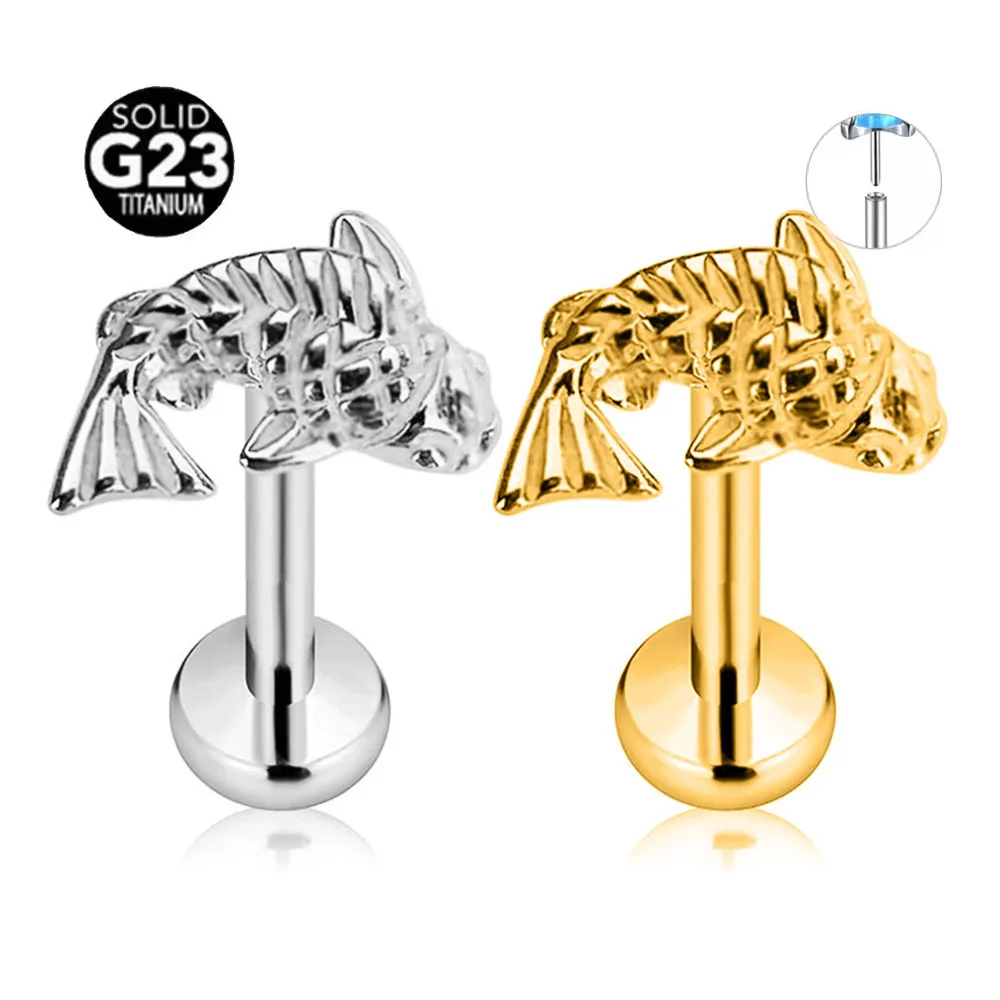 

ASTM F136 G23 Titanium Shiny Fish Threadless Piercing Daith Conch Tragus Flat Back Earring Pin Push in Lip Stud 16G 18G 20G