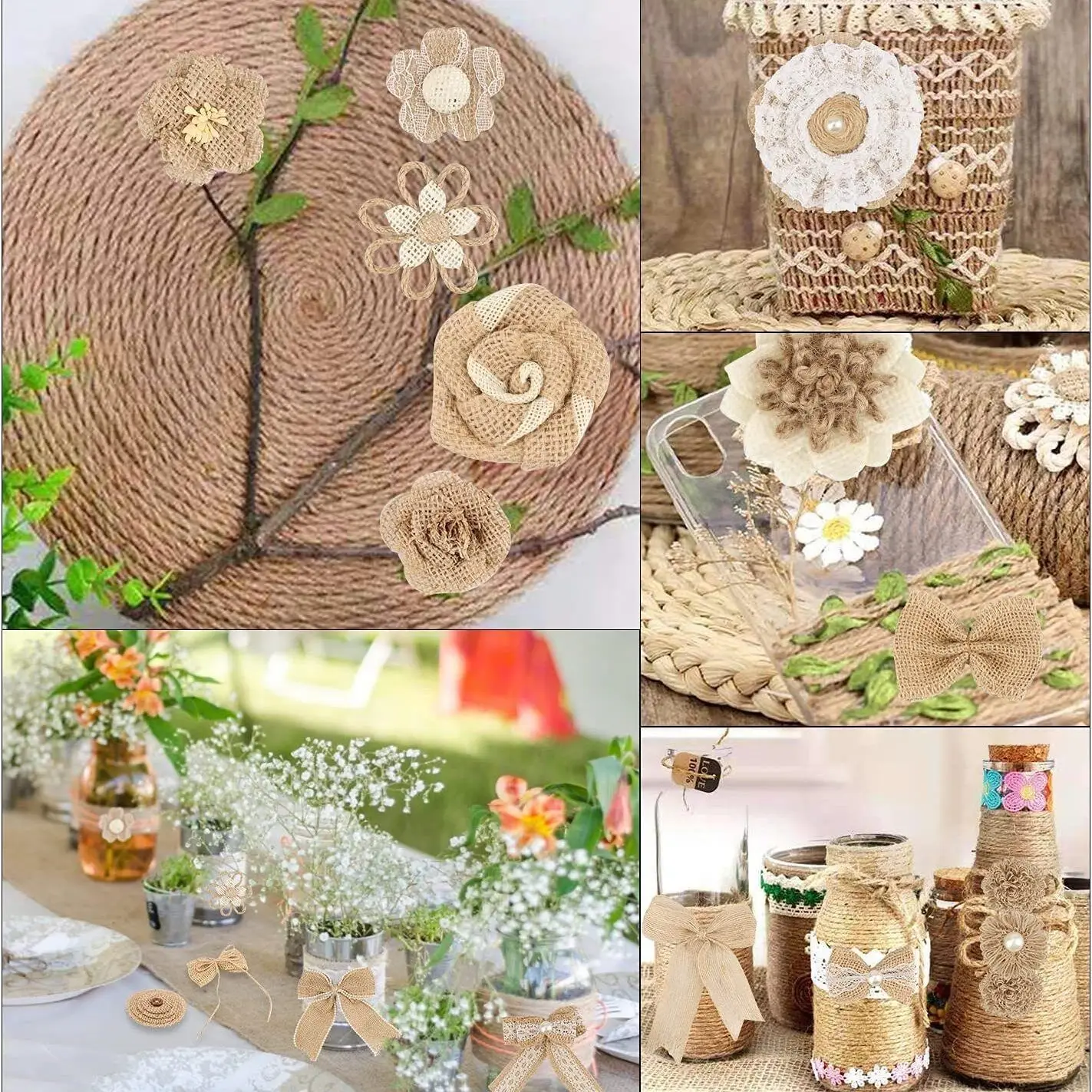 5PCS Jute Burlap Bowknot Hessian Rose Artificial Flowers Vintage Wedding Accessories Decoration Handmade DIY Craft Home Decor