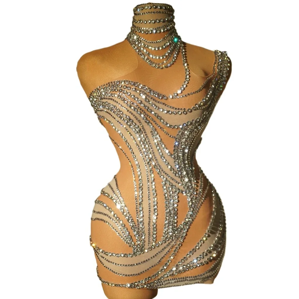 Sparkly strass Dress Sexy Mesh See Through Party Evening Prom festeggia il vestito da compleanno per le donne Singer Dancer Stage Wear