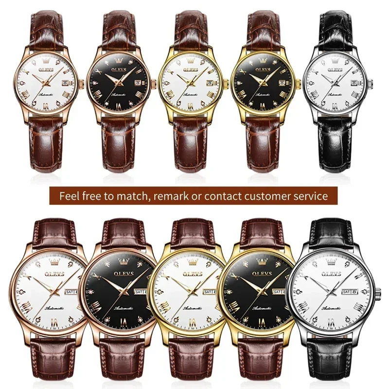 Olevs 9932 mechanical couple automatic watch leather luxury hand clock waterproof luminous calendar watches men and women