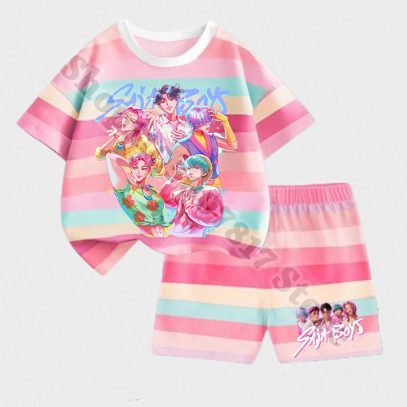 KPop شيطان الصيادين فتاة عادية قميص جذاب مجموعة تي شيرتات قصيرة للأطفال الصيف الاطفال الكرتون ملابس عصرية قصيرة الأكمام تي شيرت السراويل ملابس المنزل #4