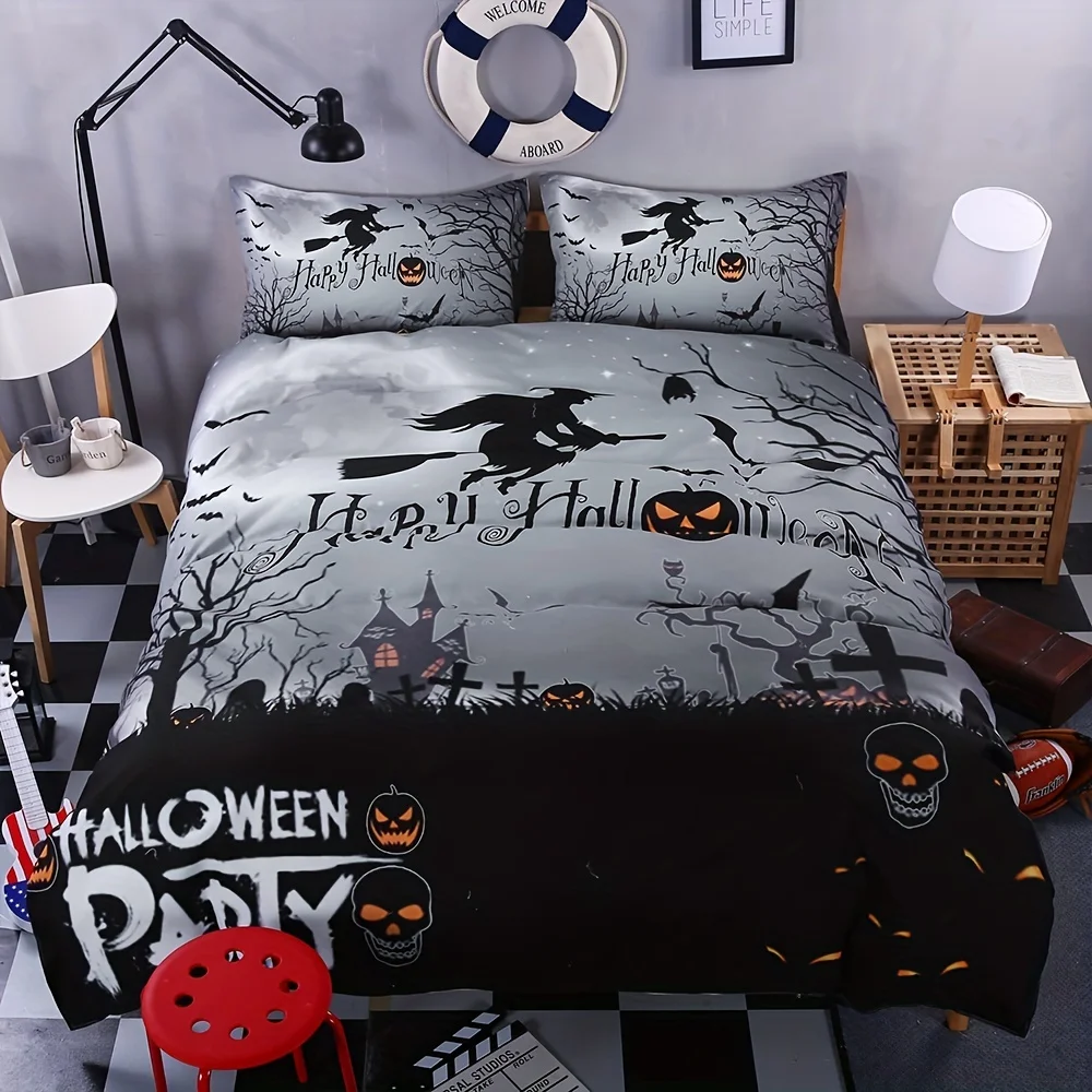 Halloween Theme Duvet Cover Set Funny Witch Skull Pumpkin Print Bedding Set Soft Breathable Duvet Cover For Bedroom Decor