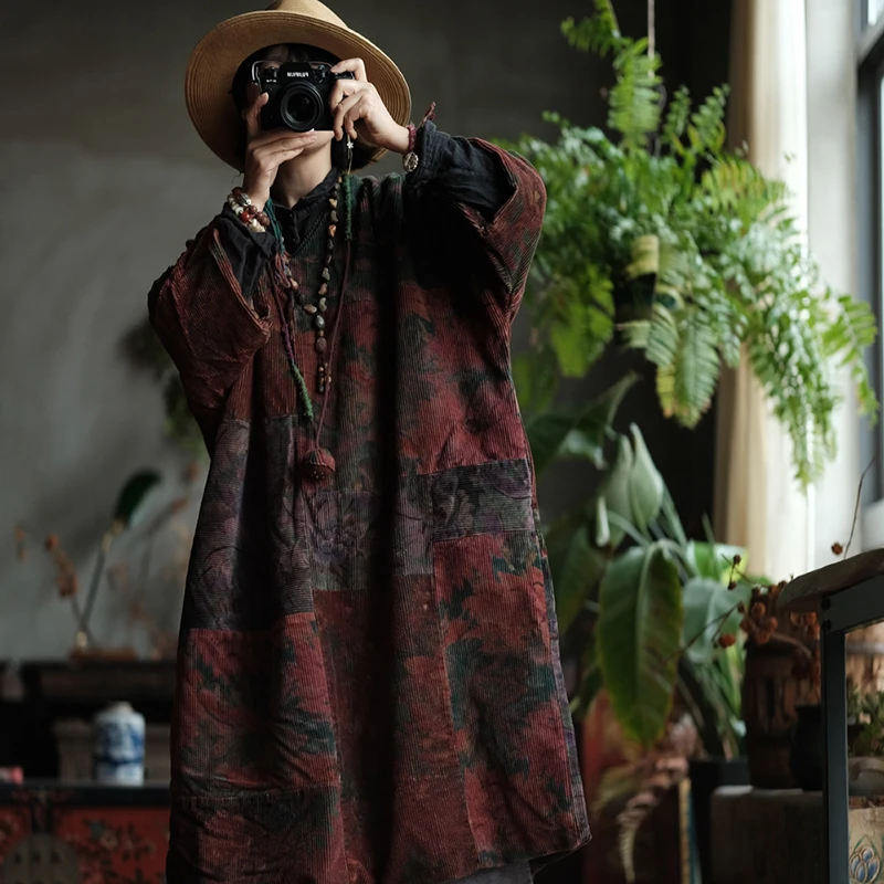 100% Cotton Women Thick Warm Casual Dress New Arrival 2025 Autumn Vintage Style V-neck Print Loose Female Long Dresses M2059