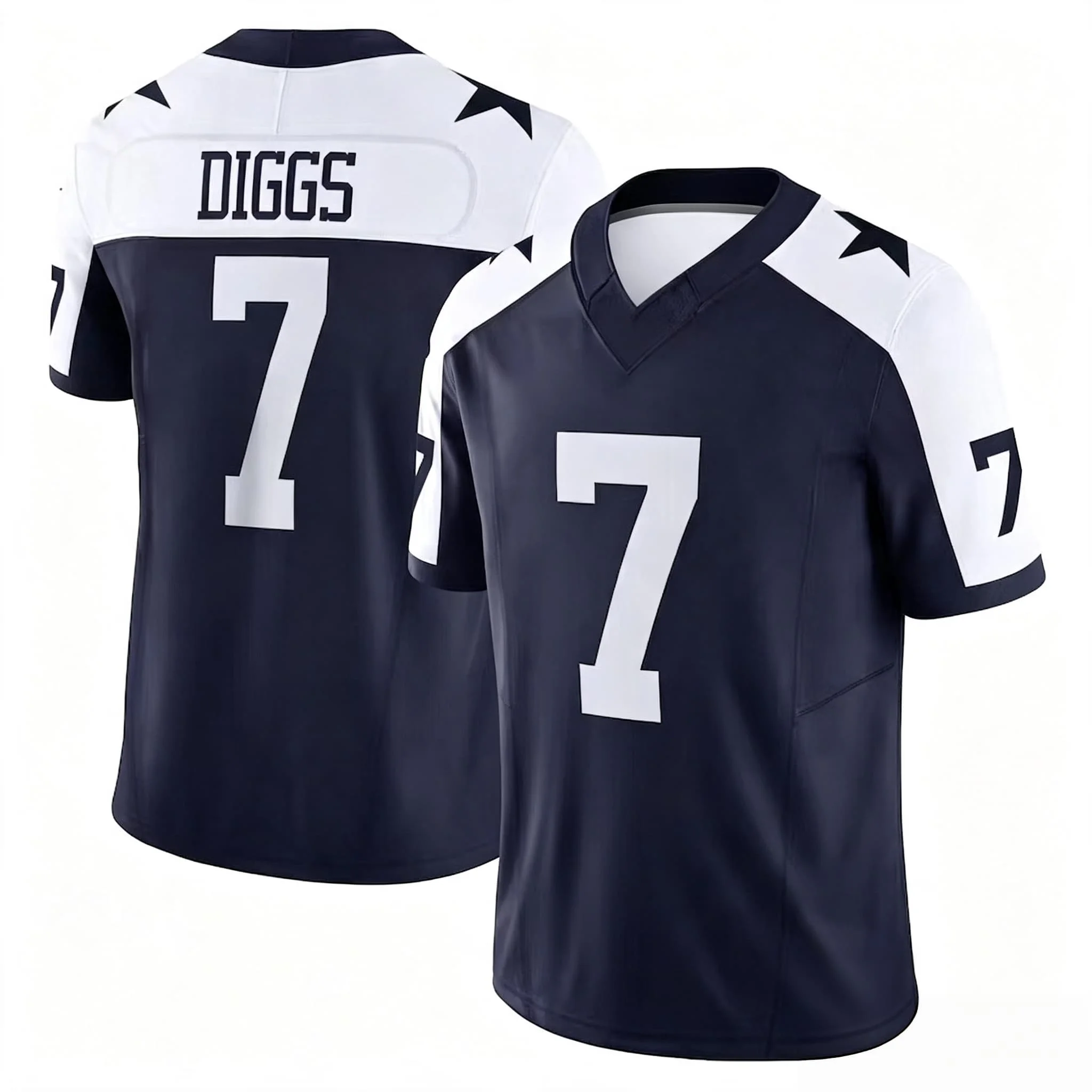 Men #7 Diggs Navy Star Pattern Football Jersey  Name Number Striped Cuff V Neck Short Sleeve Fan Sports  Family Matching