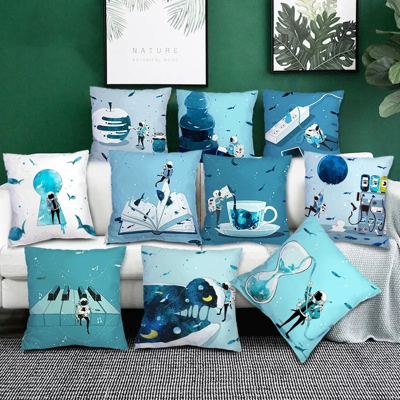 45x45cm Ins Spaceman Astronaut Pillowcase Creative Teal Blue Cushion Cover Custom Sea World Fish Animal Sofa Throw Pillowslip