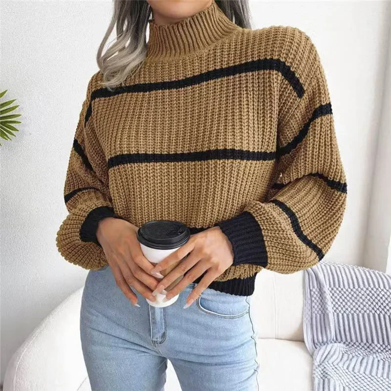 Fashion Women Sweaters 2025 Autumn Winter New Solid Color Long Sleeved Sweater Loose High Neck Warm Pullover Knitwears Tops