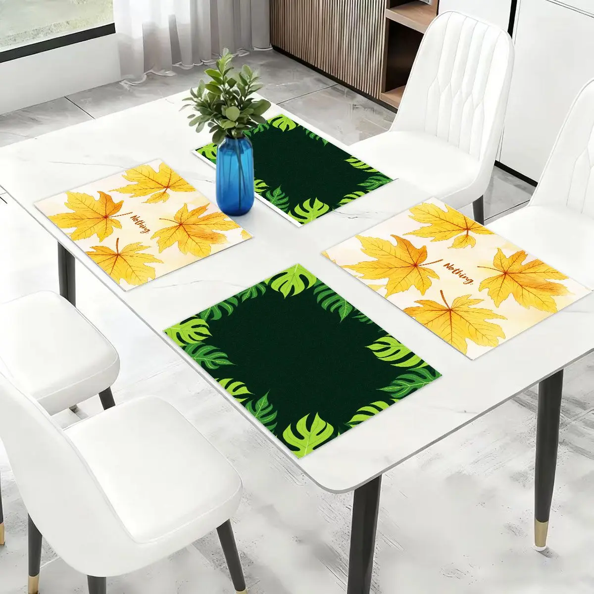 

Vintage Farmhouse Style Beige & Green Leaf Single-sided 2D Printed Placemats (45×30cm) for Home/Hotel Deco, 4/6-Piece Set