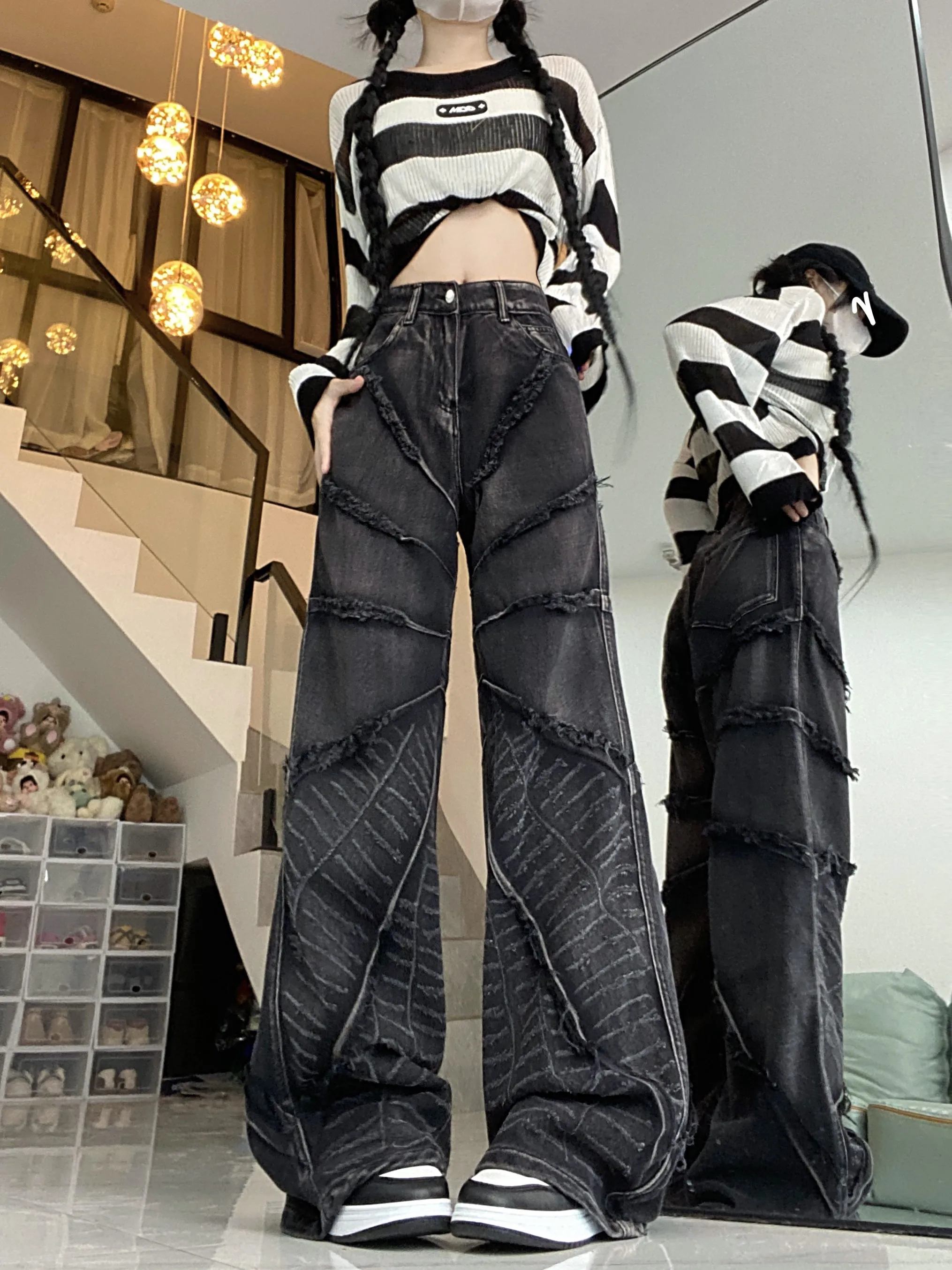 Women Jeans Style Distressed Washed Straight Wide Leg Jeans For Women's Autumn High Waist Rough Edge Design Micro Flared Pants