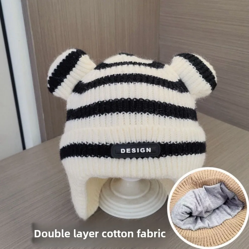 

Новая полосатая пуловерная шапка, вязаная ветрозащитная шапка для защиты ушей, холодостойкая теплая вязаная шапка, От 0 до 3 лет
