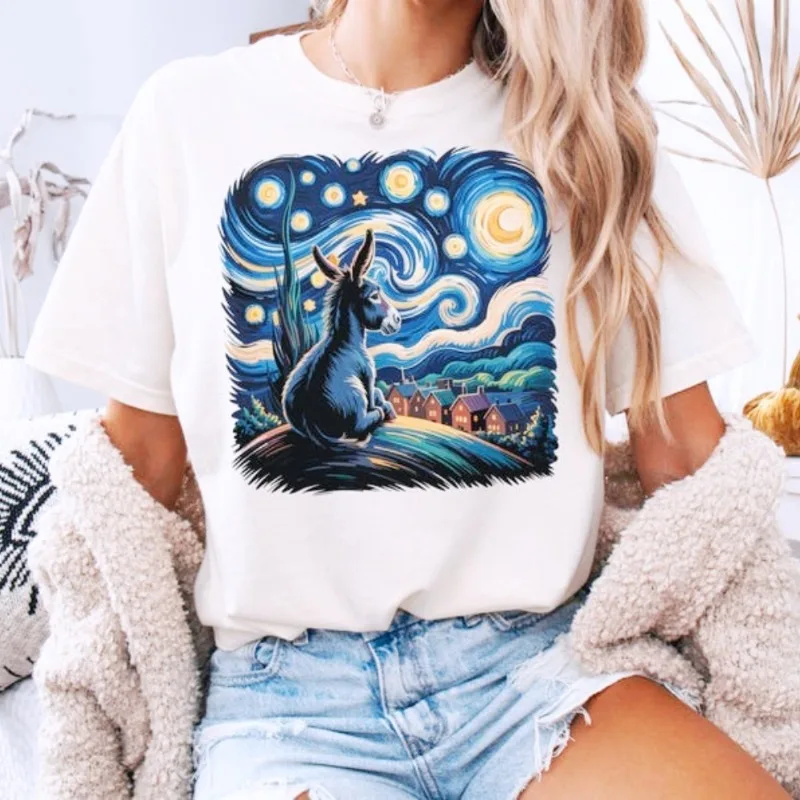 

Футболка Van Gogh Donkey 2025 года, футболка Starry Night Farm, забавная рубашка для влюбленных с осликом, уникальная футболка для мужчин и женщин, хлопковые футболки
