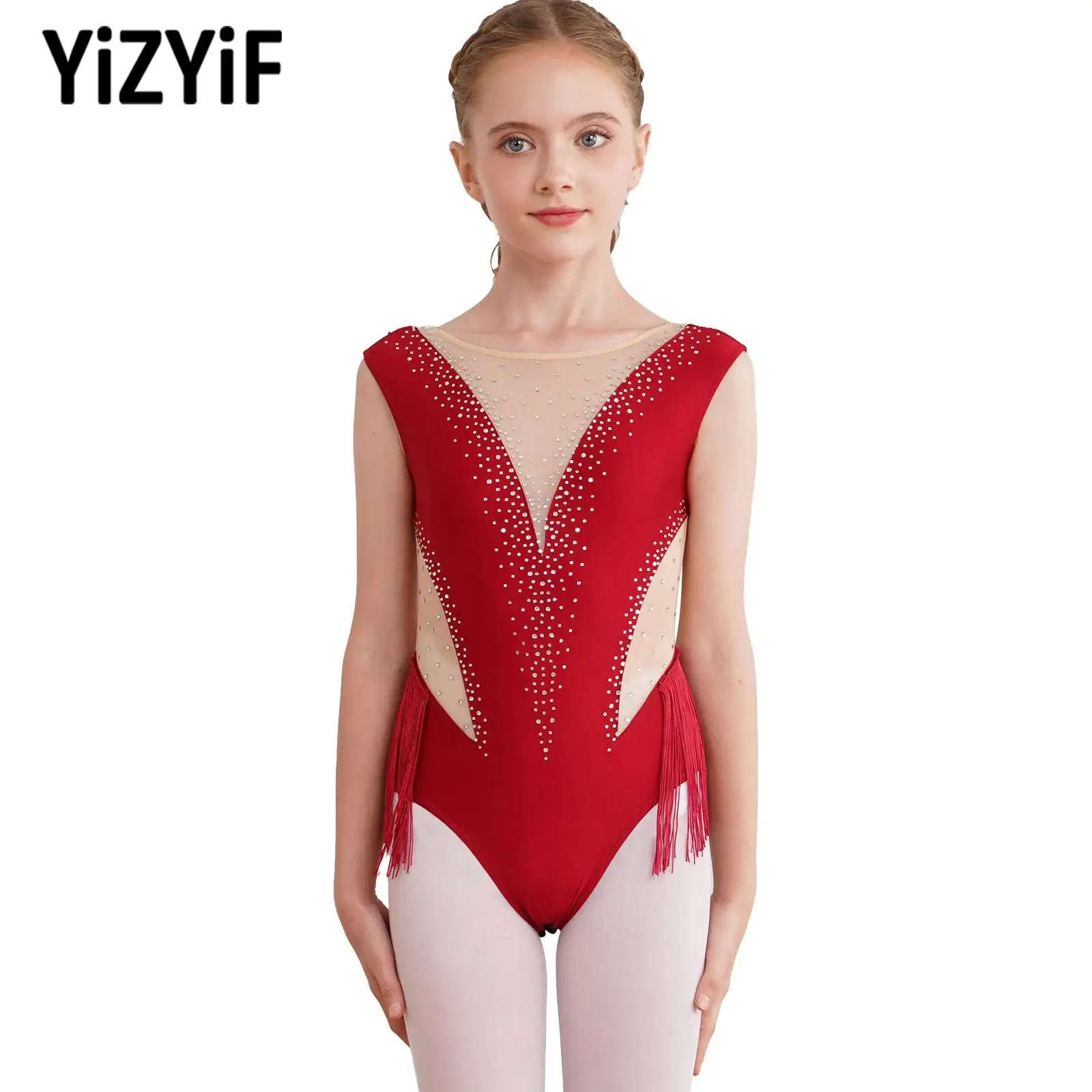 Kids Girls Sheer Mesh Tassel Fringed Gymnastics Bodysuit Children's Latin Dance Leotard Ballet Clothes Yoga Jumpsuits Dancewear