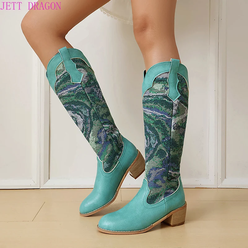 

Женские сапоги без шнуровки на толстом каблуке из искусственной кожи с вышивкой ткани, женские сапоги до колена с принтом в этническом стиле