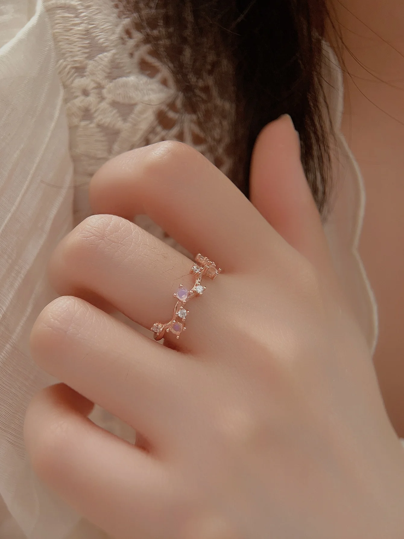 New 100% 925 Silver Women's Ring with Irregular Cut Moon Stone and Zircon,Trendy Personality Style for Daily or Party Wear