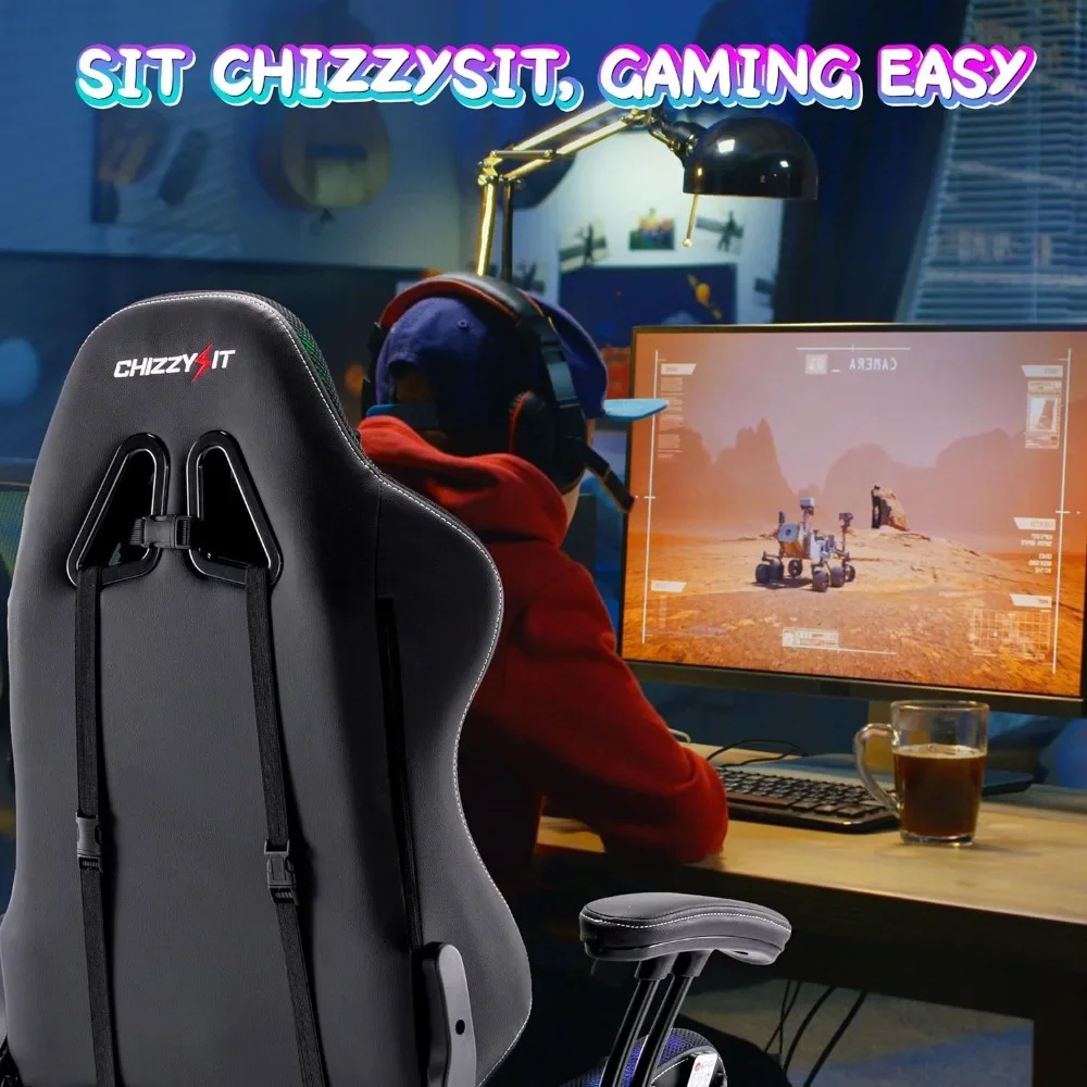 chizzysit Chair with RGB LED Lights Computer Chair with Adjustable Headrest Lumbar Support Ergonomic PVC Leather Gaming Chair