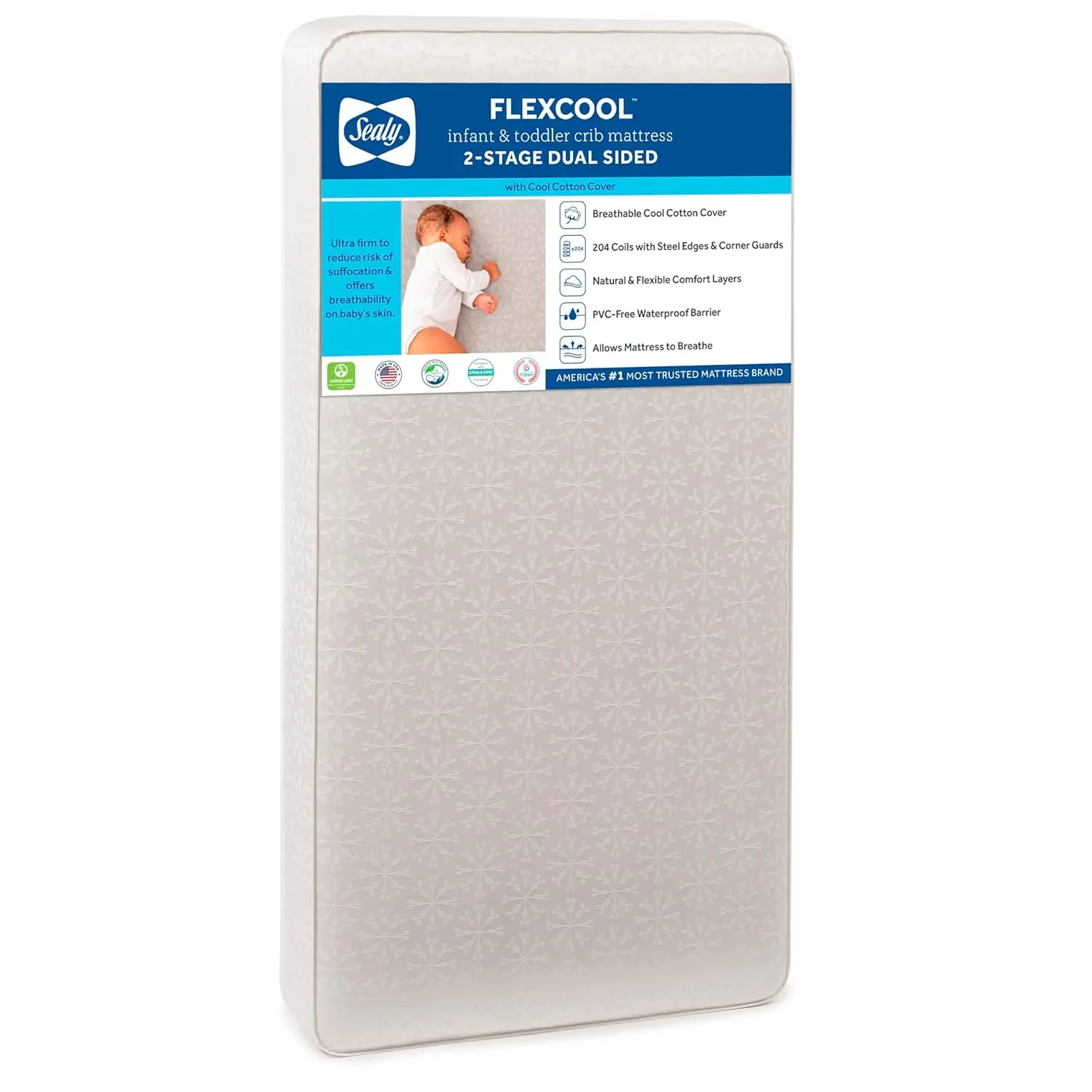 Colchão de berço à prova d'água de 2 estágios para bebê Flex Cool respirável e ajuste de cama de criança, capa de algodão arejado, 204 bobinas premium, GREENGUAR