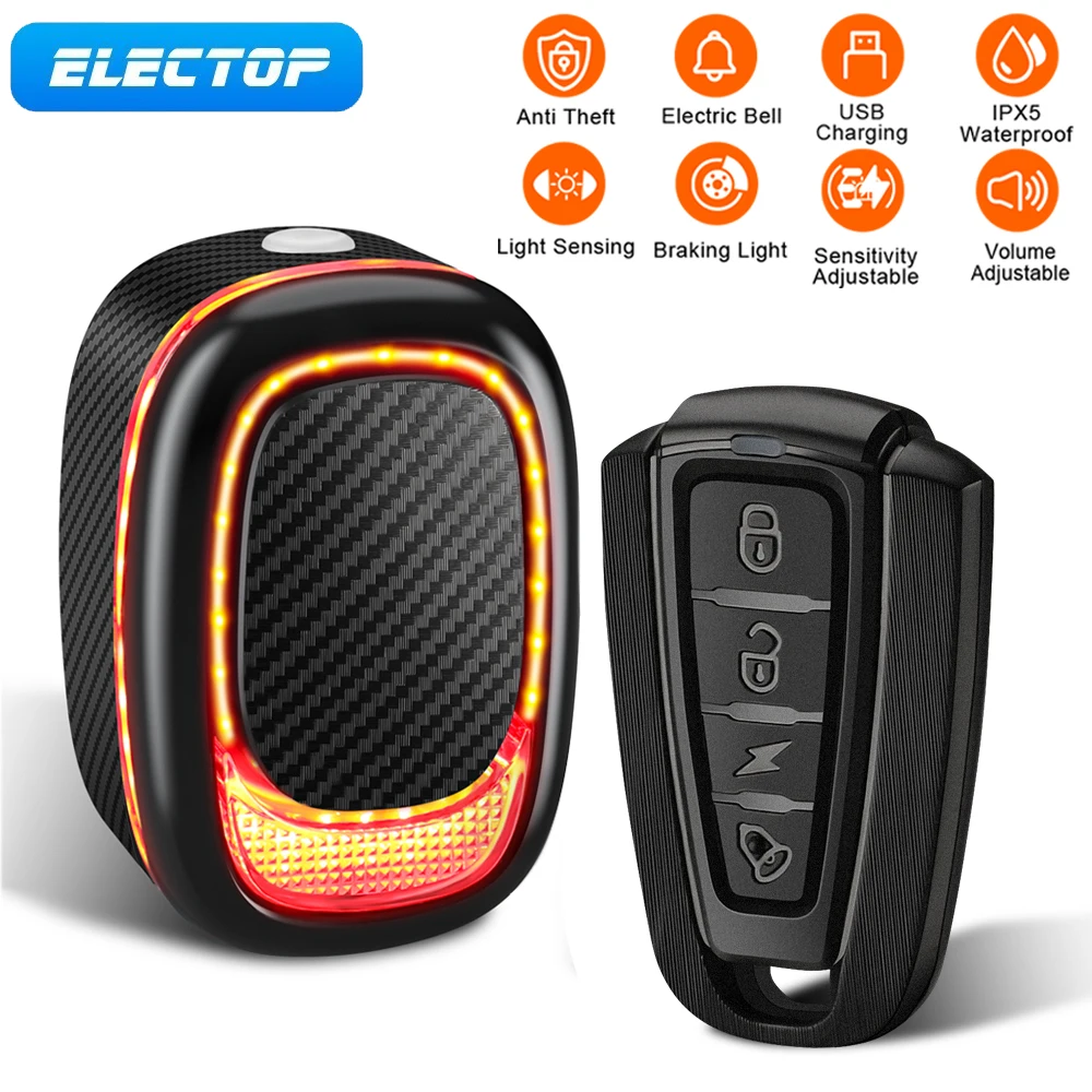 electop bicicleta luzes traseiras com controle remoto anti roubo impermeavel bicicleta sem fio motocicleta freio deteccao luzes traseiras 115db 01