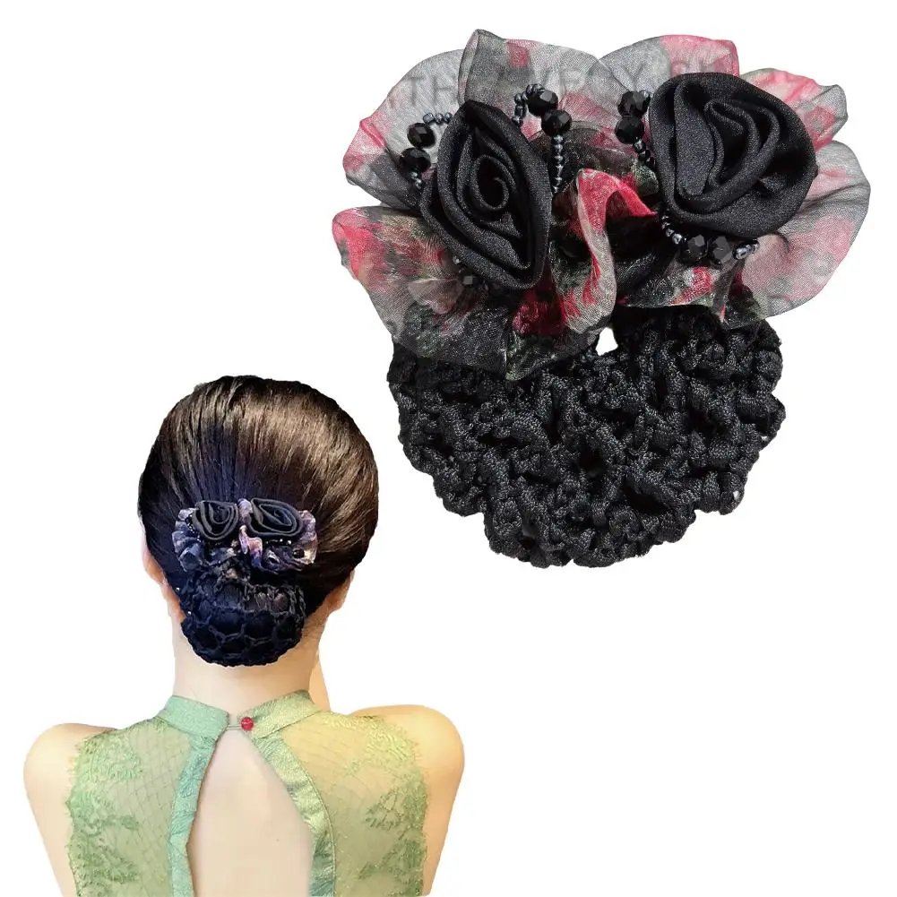 Elegant Mesh Flower Crystal Bun Snood Spring Clip For Women Nurse Flight Attendant Hair Clip Hairnet Cover Hairpins Girl Bu S8T2