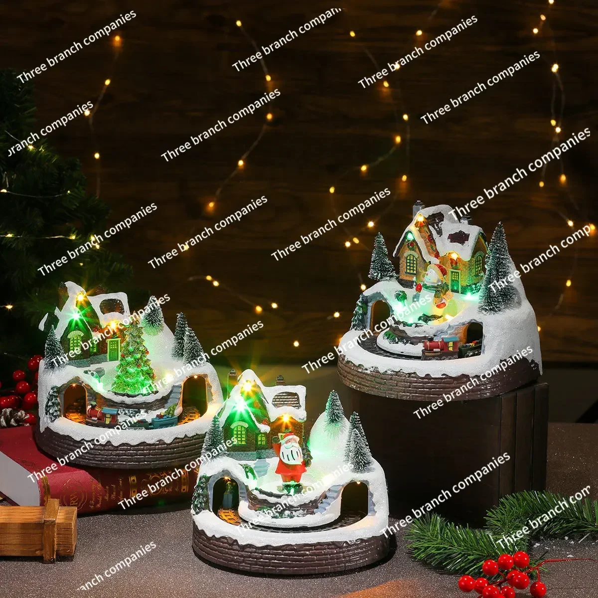 New Christmas Luminous with Music Rotating Small Train Resin Ornament,