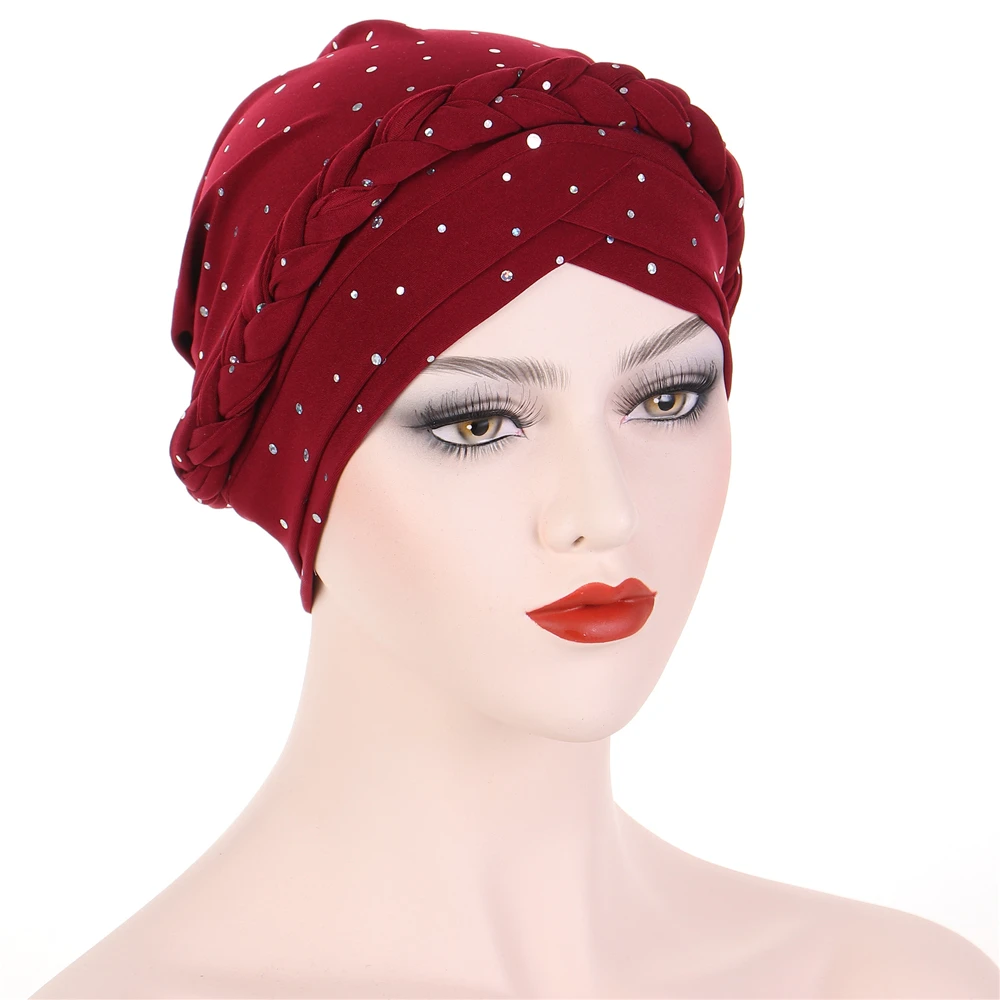 Lantejoula Braid Índia Mulheres Muçulmanas Hijab Chemo Cap Cancer Turbante Bonnet Hair Loss Inner Chapéu Cabeça Envoltório Islã Gorros Lenço Femme