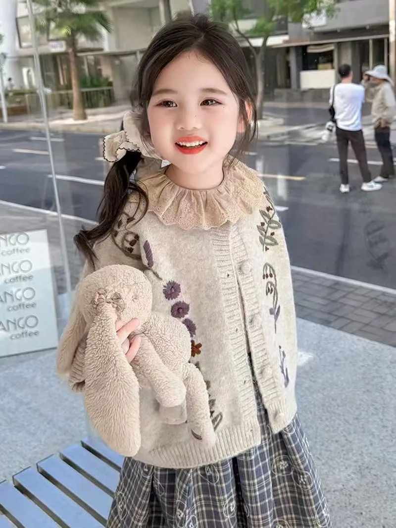 Kids Retro Girls Sweater Cardigan Korean Fashion Knitwear for Toddler and Kids Spring Autumn 90-140cm