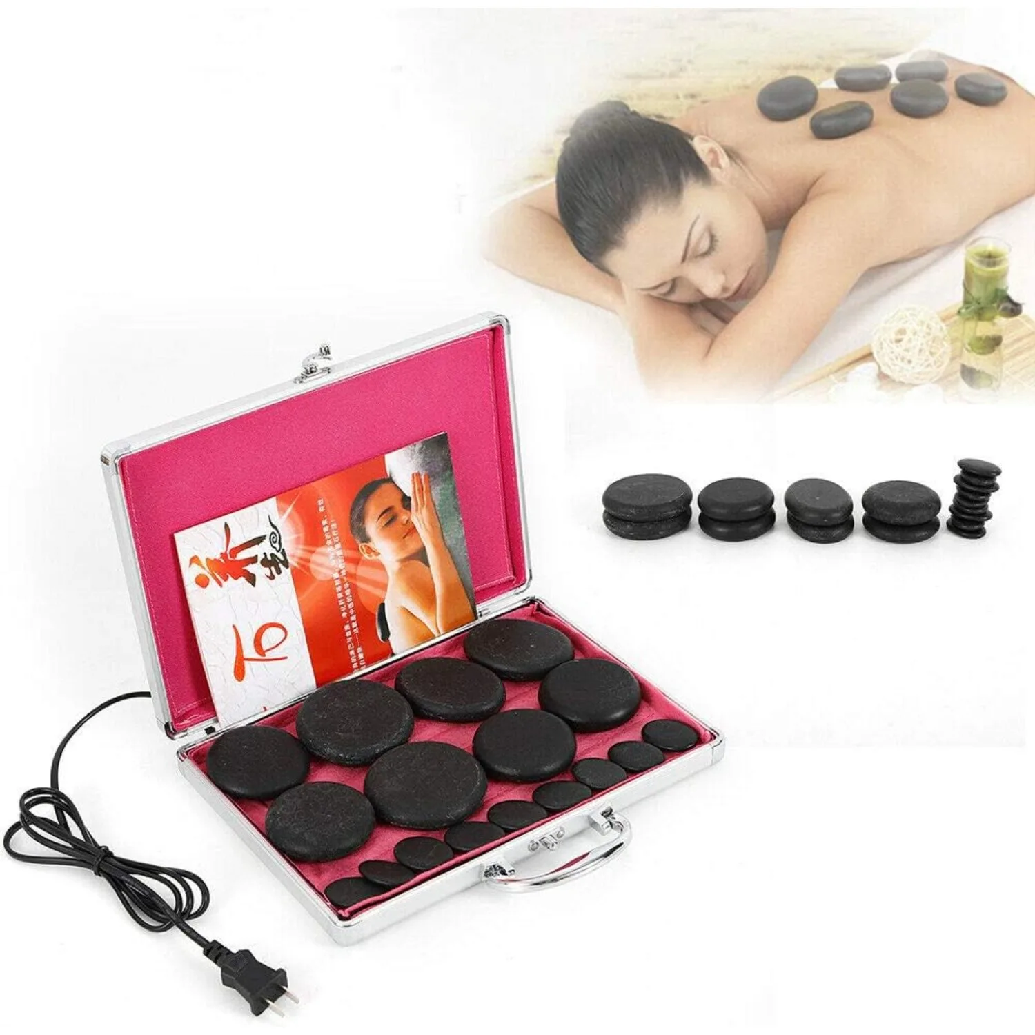 Kit de piedras volcánicas de piedra de masaje caliente portátil Rock SPA, Kit de masaje de piedra caliente de Lava de basalto para salud y Fitness con 16 piezas