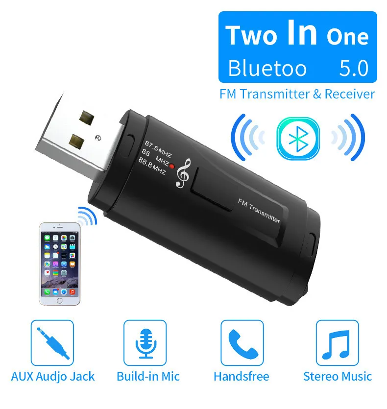 

2 In 1 FM Transmitter Car Bluetooth-compatible 5.0 Receiver USB Modulator Portable 3.5mm AUX Audio Music Player Call Adapter