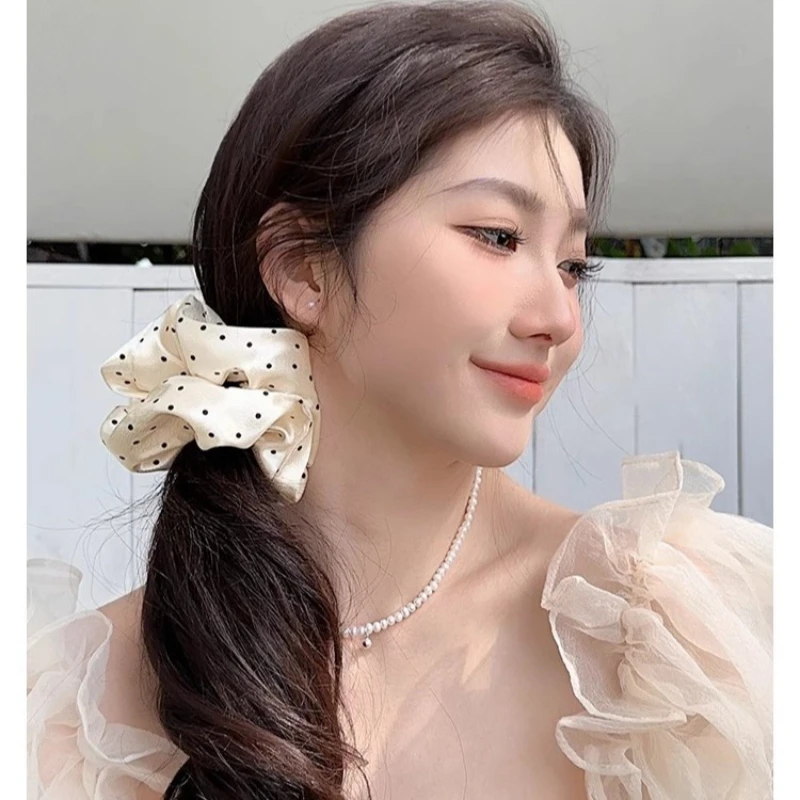 New Polka Dot White Scrunchies 12cm Large Hair Bands Female Elegant Black Hair Rope Ties Kawaii Ponytail Holder Headwear