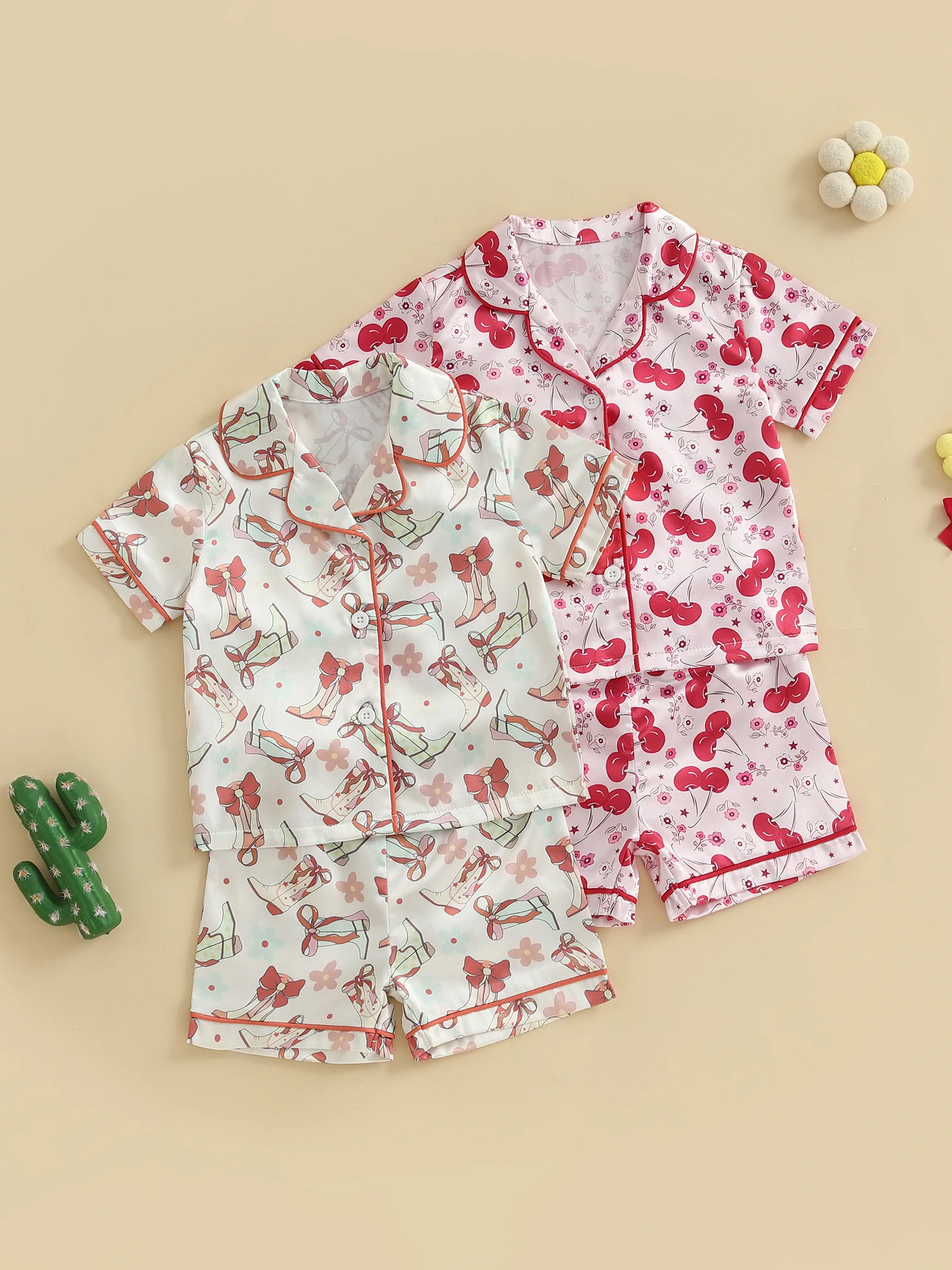 

Children s Girls Pajama Set Cute Cherry and Boots Print Short Sleeve Pajama Top with Elastic Waist Shorts for Comfortable