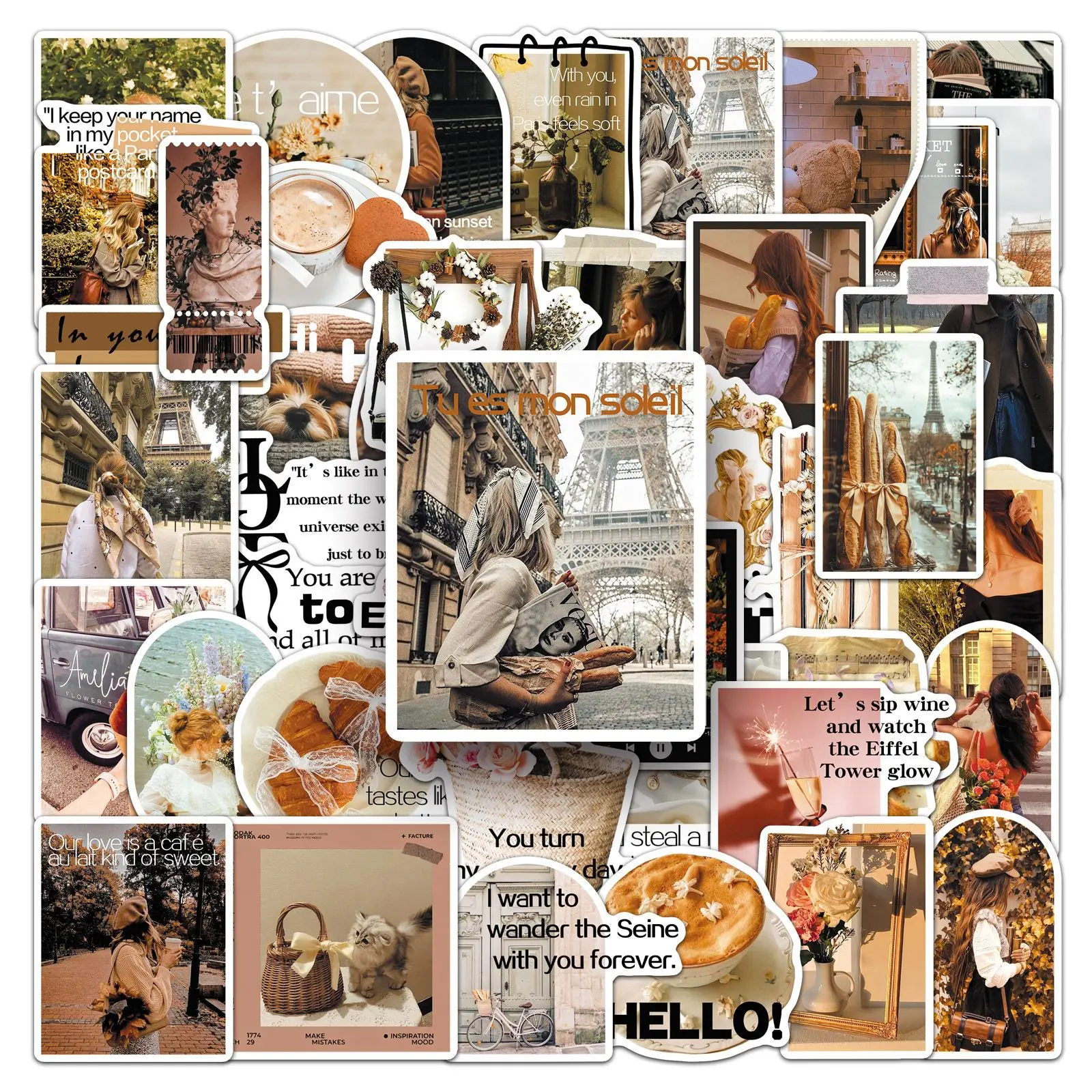 50 Stück Französische Romantische Vintage Ins-Style Menschen & Landschaften Exquisite Lebensstil-Doodle-Aufkleber zur Dekoration von Telefon, Tasse, Koffer Vinyl-Aufkleber