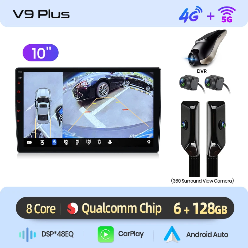 Junsun Qualcomm 8-Core 360 graden camera universele stereo 7" 9" 10" autoradio draadloze CarPlay Android Auto IPS touchscreen multimediaspeler slimme intelligente systemen 2 Din head unit autoradio