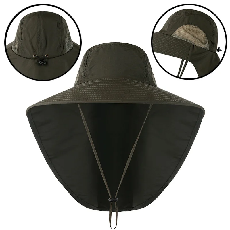 Sombreros de cubo de ala ancha para hombres y mujeres, sombrilla a prueba de agua, protector de cuello de enfriamiento, gorra de Safari, visera de