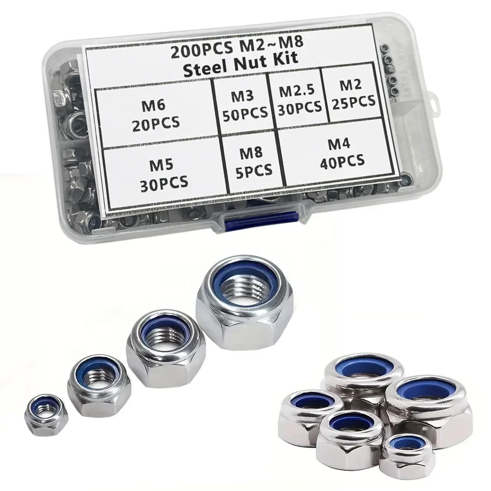 1 Set/200pcs DIN985 Hex Nylon Insert Self Lock Nut Nylock Locknut Assortment Kit M2 M2.5 M3 M4 M5 M6 M8