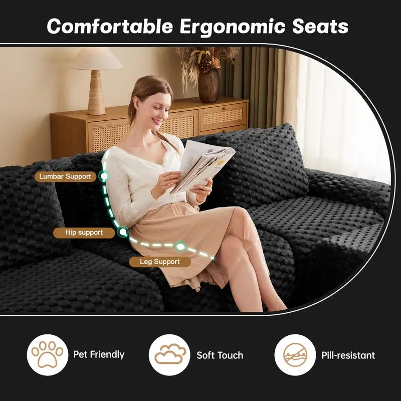 أريكة مقطعية حديثة، قماش فلانيليت، أريكة كبيرة الحجم بمقعدين، مقعد عميق، اتصال بإبزيم، تصميم مضاد للانزلاق، لا