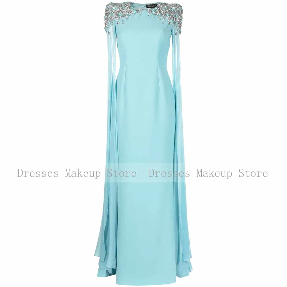 Light Sky Blue Wedding Party Dress Crystal Clock Sleeves O Neck Luxury Evening Dresses for Women Mermaid/Trumpet Evening Gowns